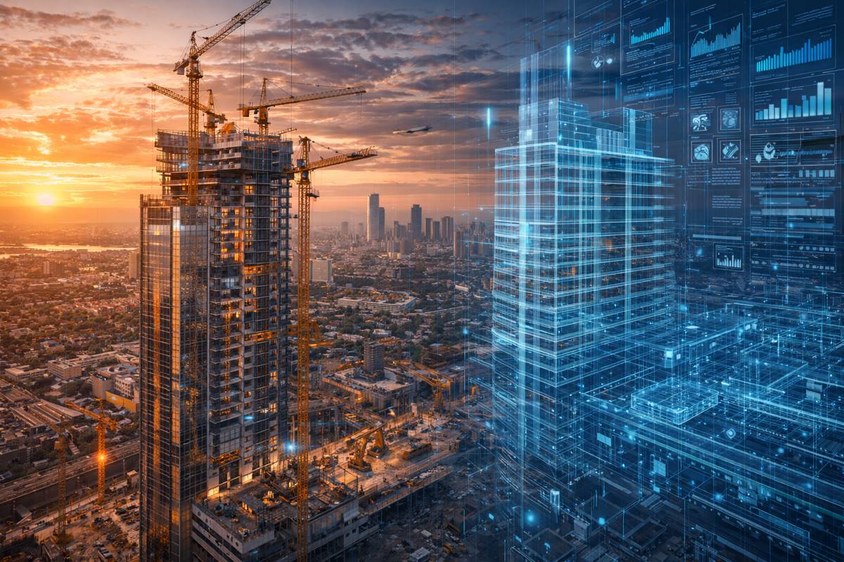 Skyscraper progress during sunset with blueprint