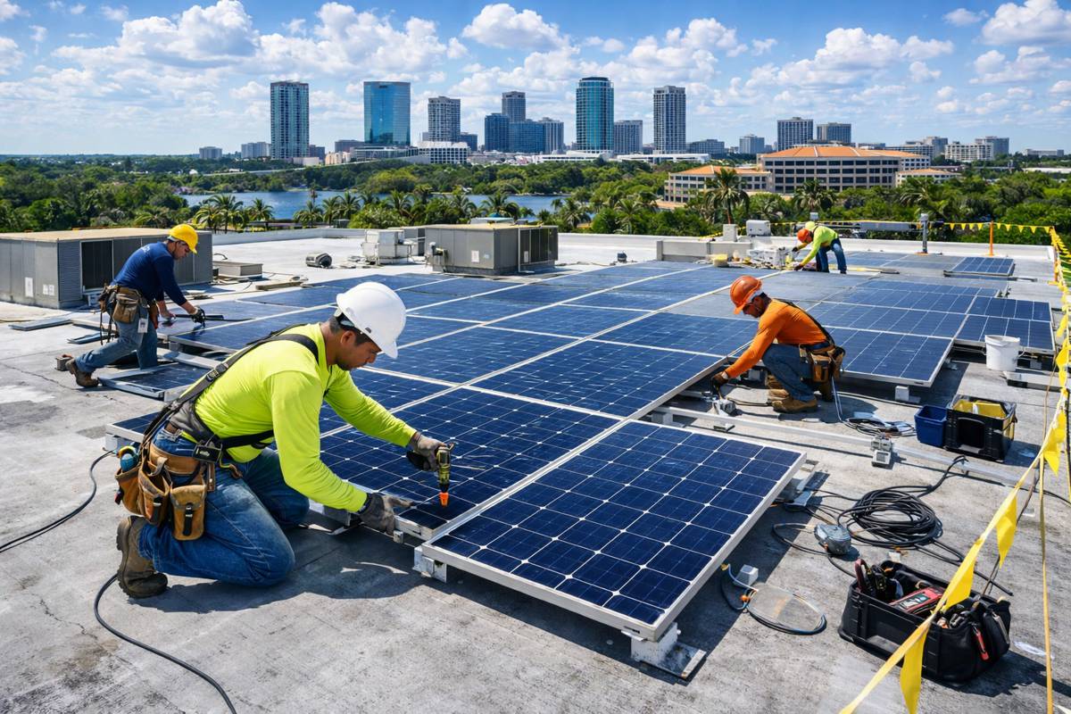 Solar panel installation on urban rooftop