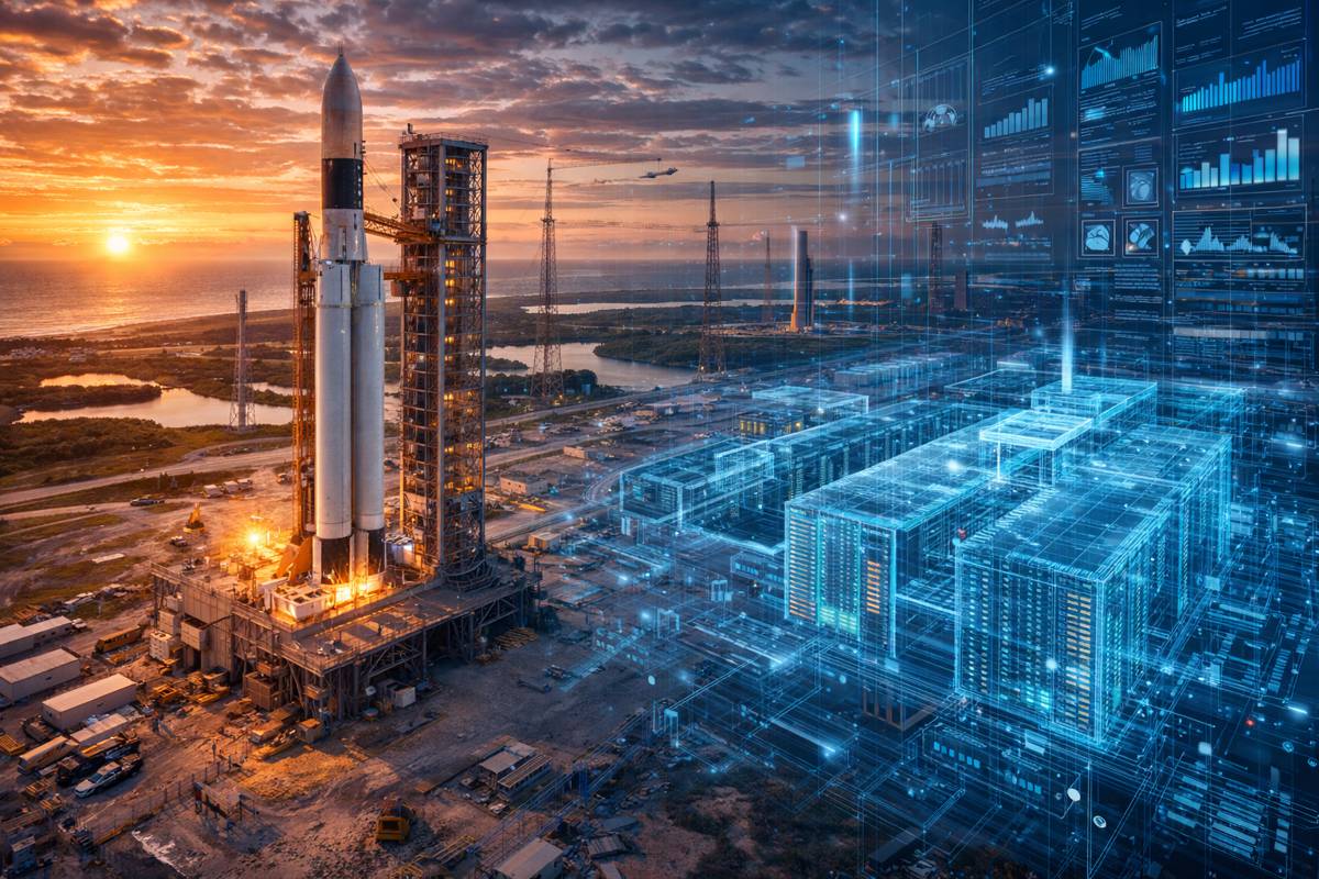 Space launch at sunset with digital overlay