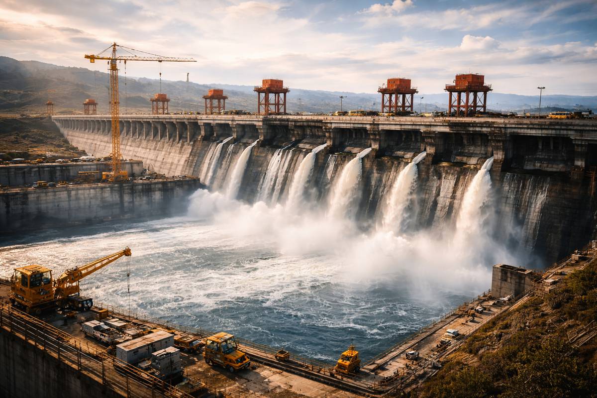 The Three Gorges Dam at sunset