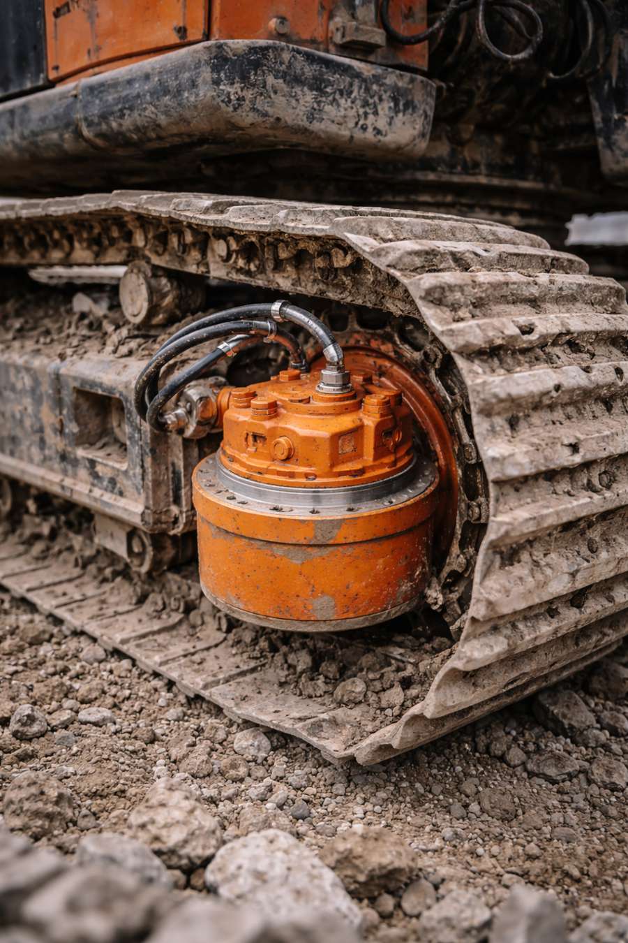 Worn drive motor on excavator track