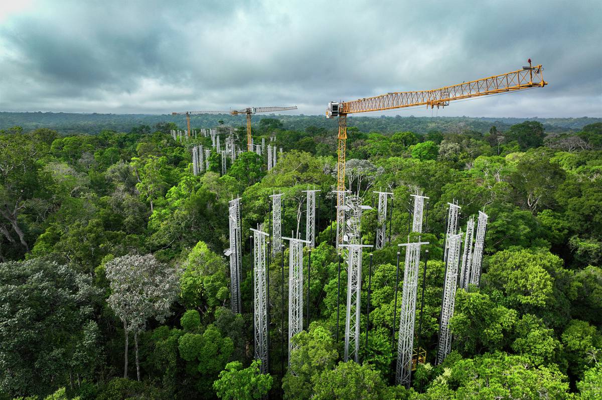 Six steel rings, each fitted with 16 towers releasing controlled amounts of CO₂, rise above the intact Amazon canopy at the AmazonFACE site near Manaus — with a Liebherr crane providing researchers access above the treetops.