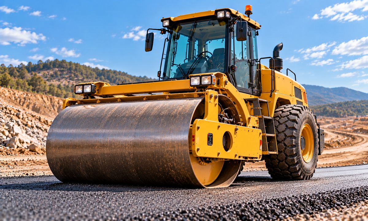 Sunlit Road Roller at Construction Site