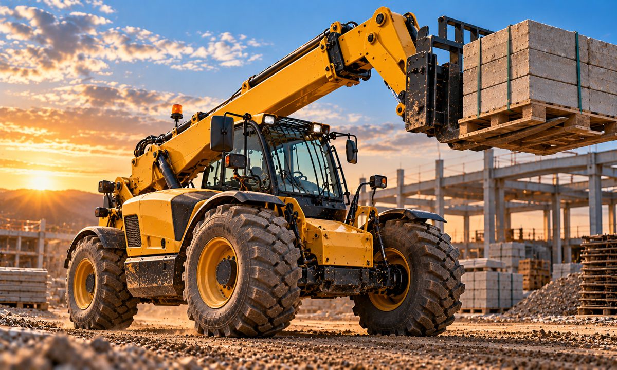 Golden Hour Telehandler Lifting Concrete Blocks