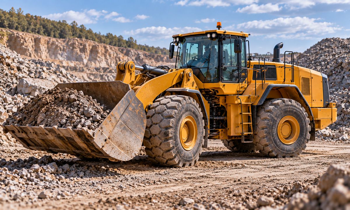 Yellow Wheel Loader in a Rocky Quarry