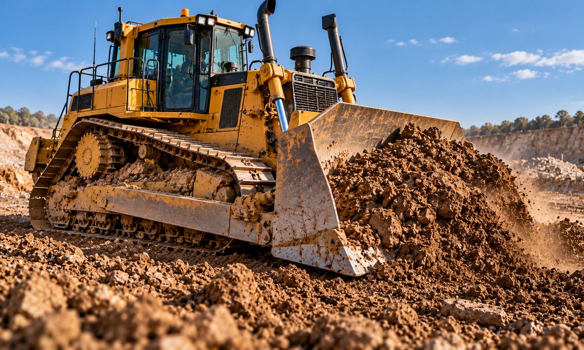 Bulldozer Pushing Earth in Quarry