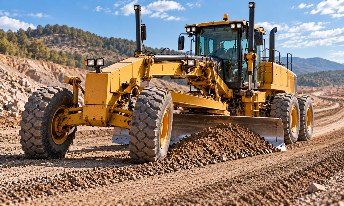 Yellow Motor Grader on Mountain Road