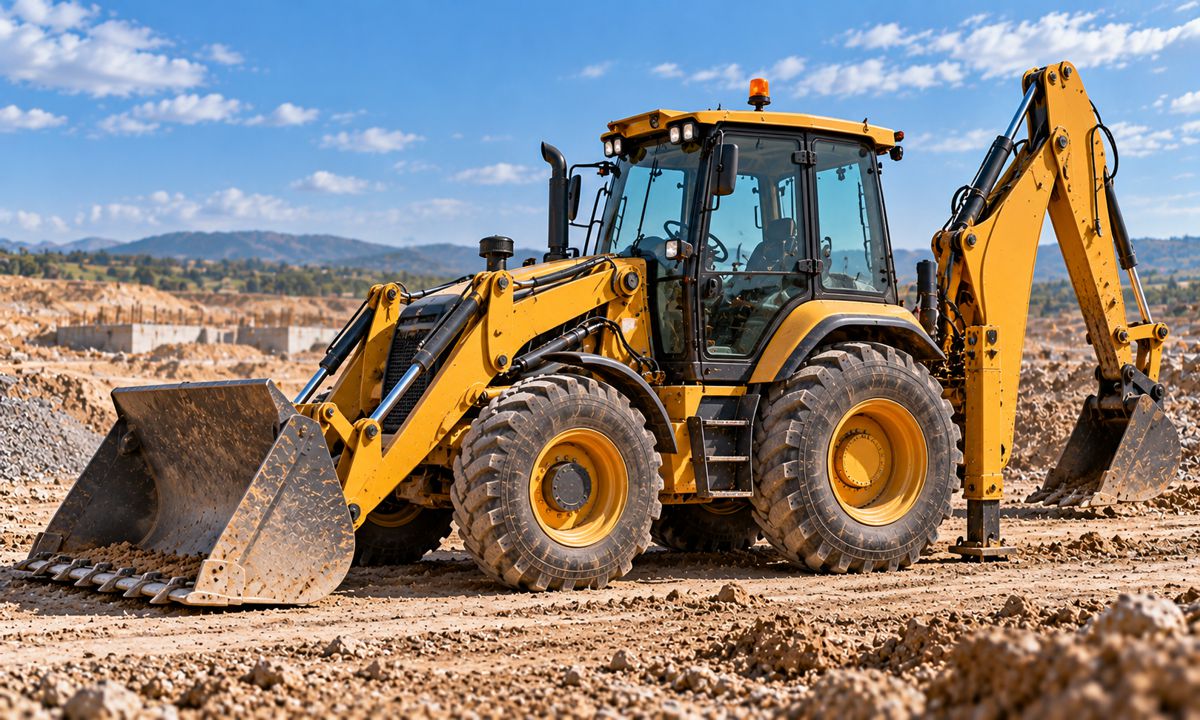 Sunlit Backhoe at a Mountain Construction Site
