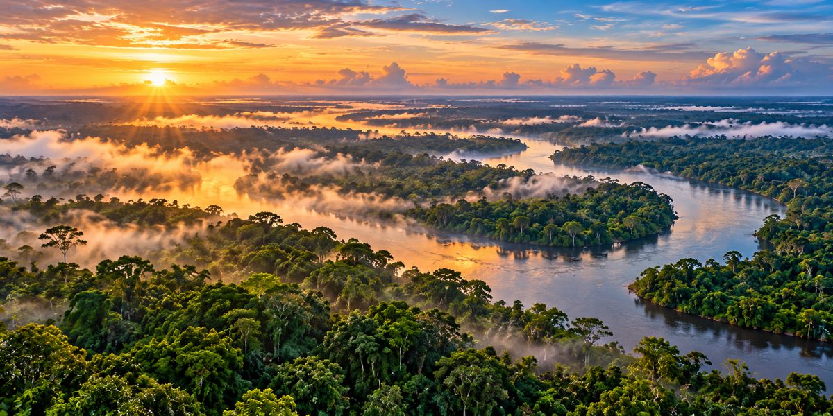 Amazon Rainforest Sunrise River Panorama