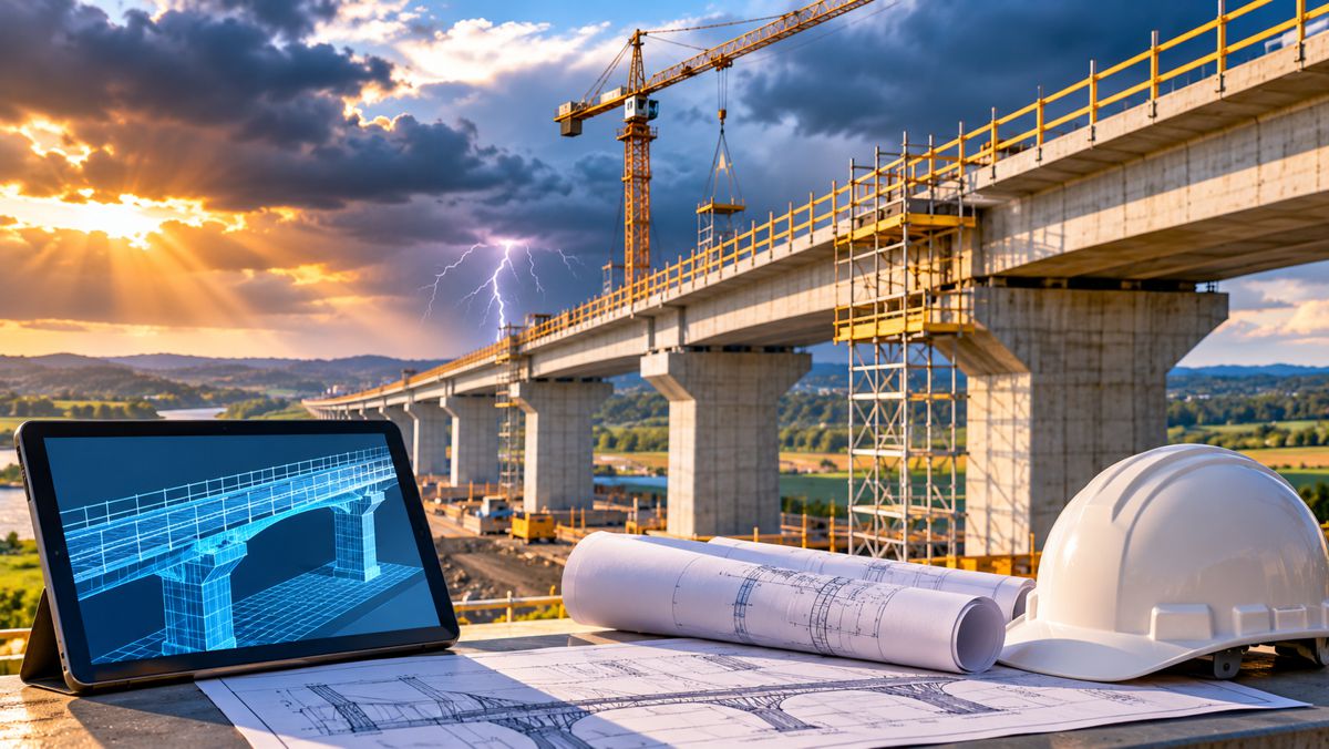 Bridge Construction Beneath a Stormy Sunset