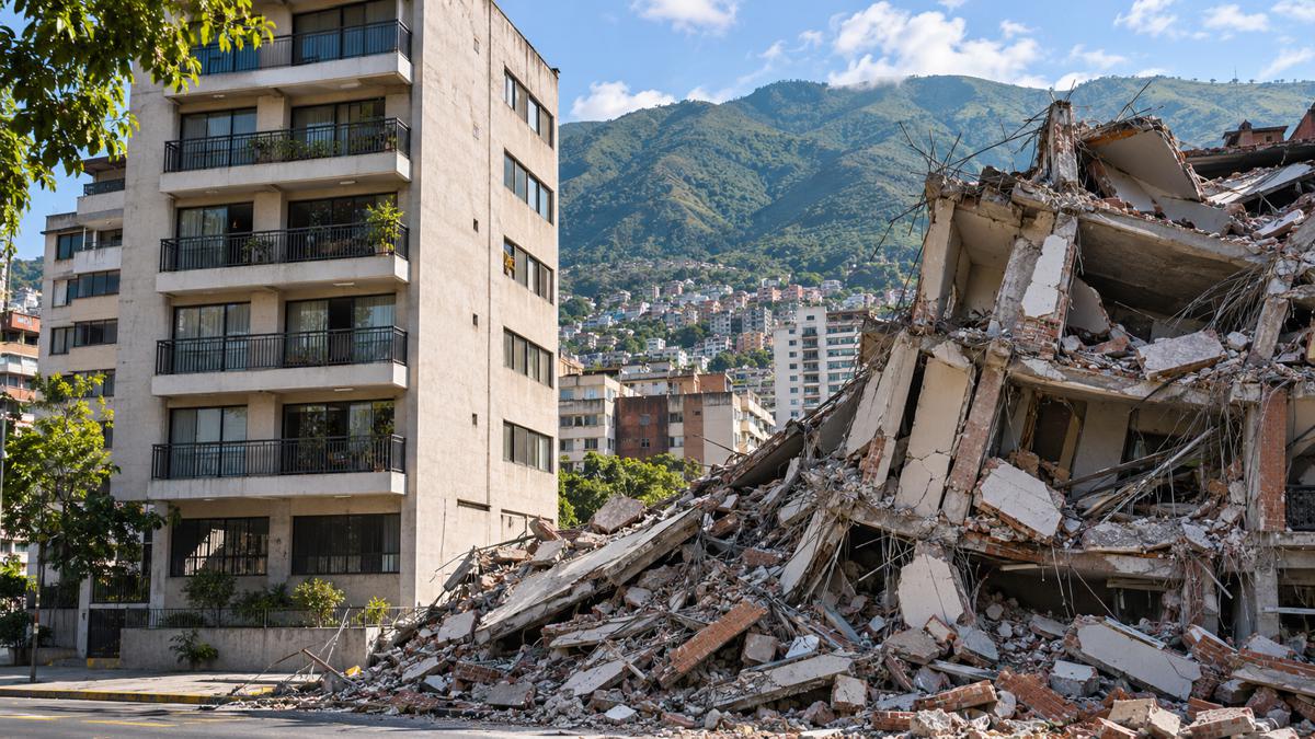 Earthquake Rubble Beneath Mountain Cityscape