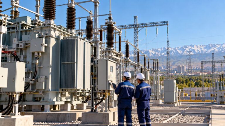 Engineers Inspect Substation Beneath Snowy Peaks