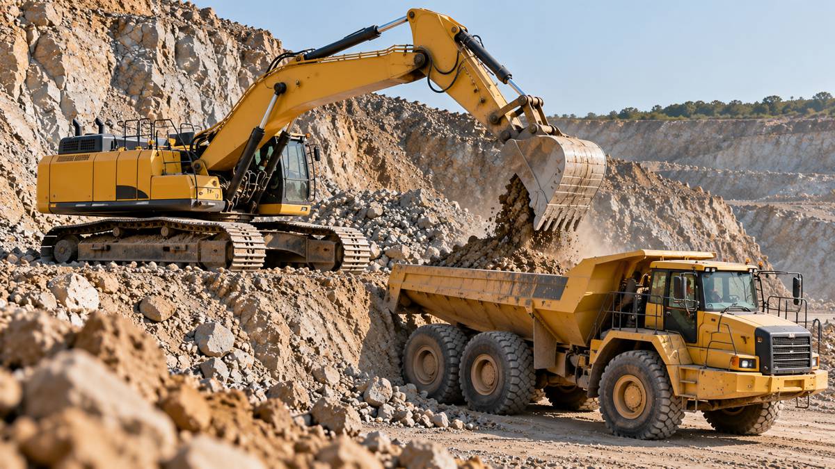 Excavator Loading Quarry Hauler