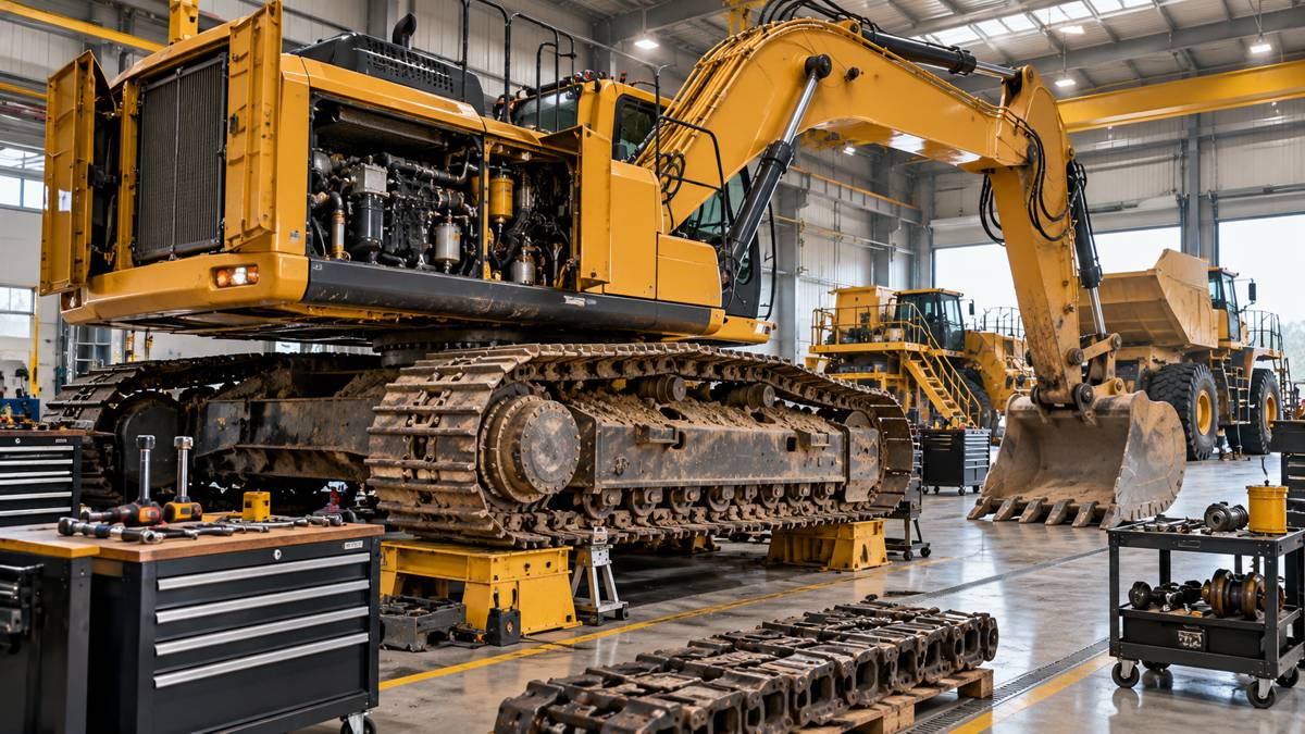 Excavator Maintenance in Industrial Workshop