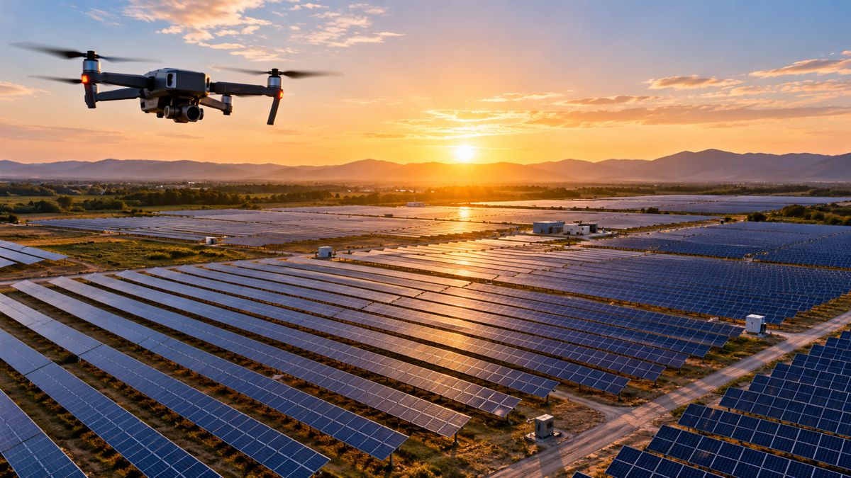 Golden Drone Over a Solar Farm