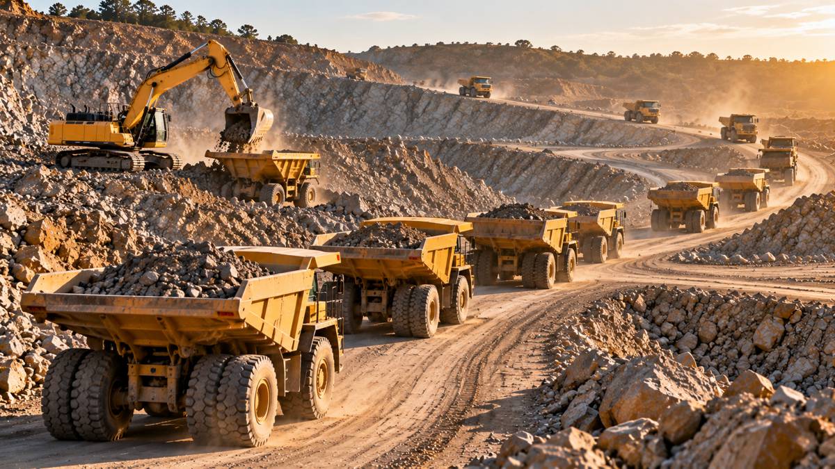 Golden-Hour Quarry Truck Convoy