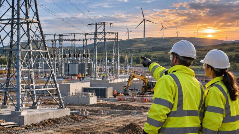 Renewable Energy Grid Construction at Sunset