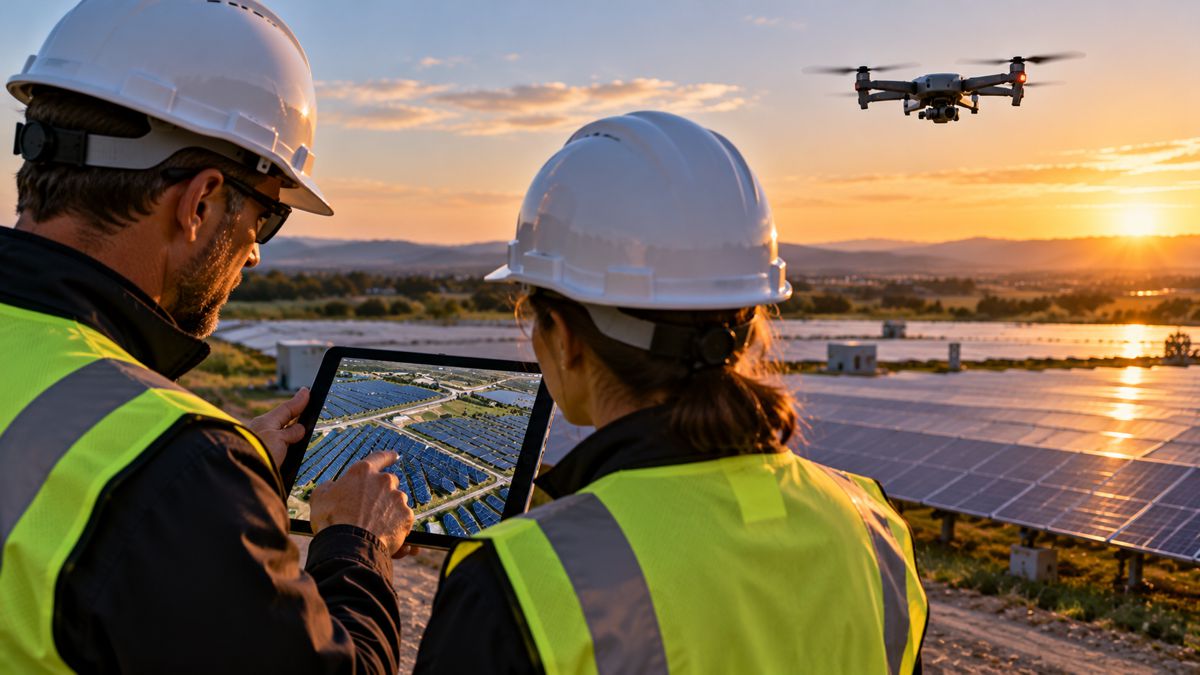 Solar Farm Inspection at Sunset