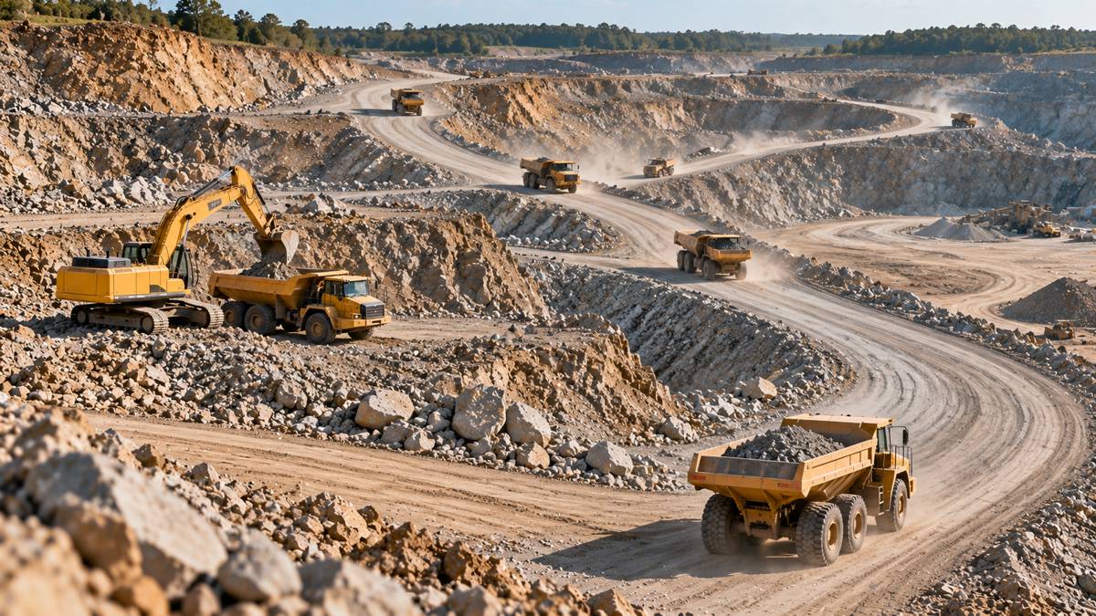 Terraced Quarry Haul Roads and Machinery